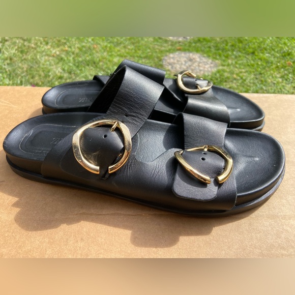 Zara Buckled Flat Leather Black Sandals Woman’s Size 9 - Picture 6 of 10